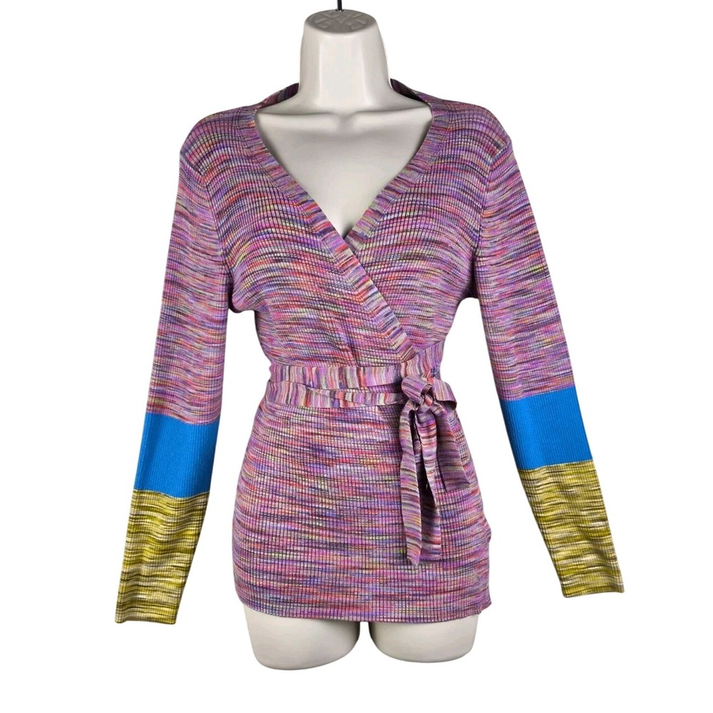 Sundance Space Dye Ribbed Wrap Cardigan Purple Multi Colorblock Tie Waist Large